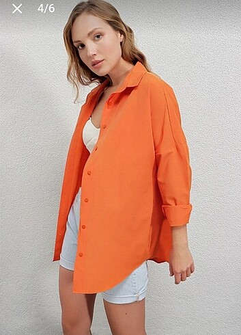 38 Beden turuncu Renk Kadın Oranj Oversize Uzun Basic Gömlek 