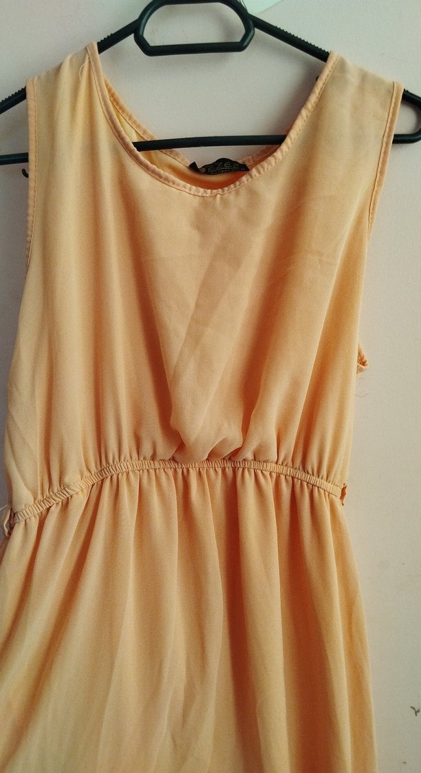 Bej Keten V Yaka Uzun Salaş Elbise - Görsel 3