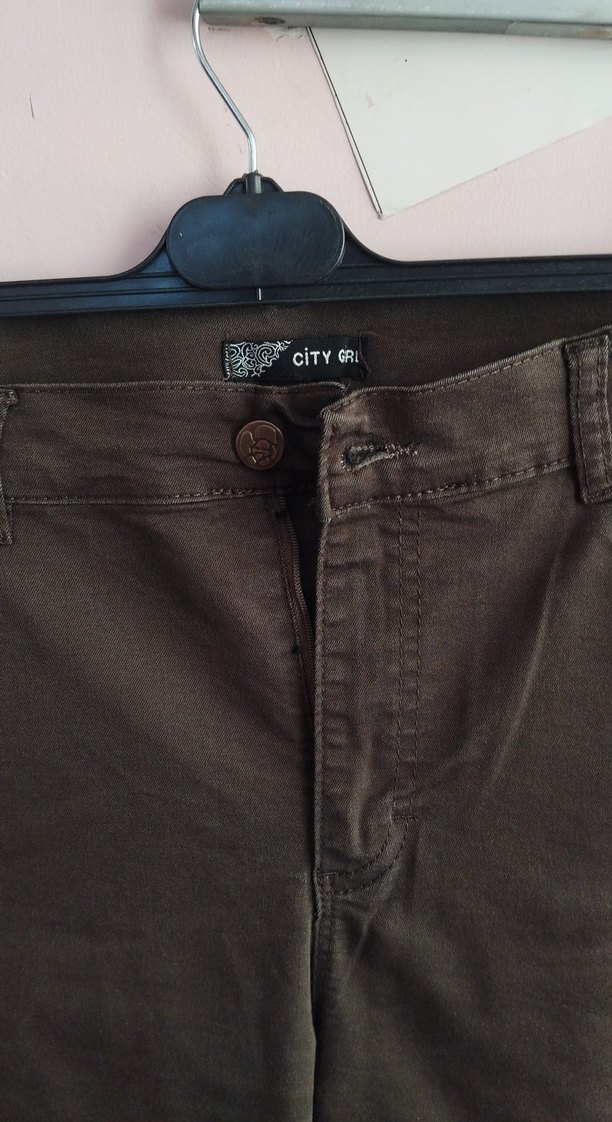 Düğmeli haki Kadın Denim Pantolon - Görsel 2