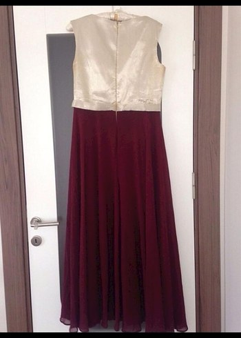 Bordo Uzun Abiye Elbise V Yakalı - Görsel 3