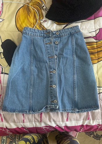 Düğmeli Mavi Denim Mini Etek