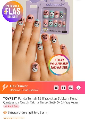 Panda Temalı Yapışkanlı Çocuk Takma Tırnak Seti