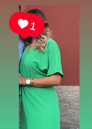 Yeşil Keten V Yaka Uzun Elbise