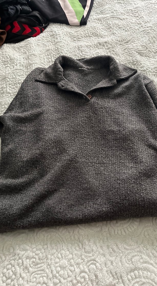 Gri Düğmeli Kadın Keten Kazak - Görsel 2