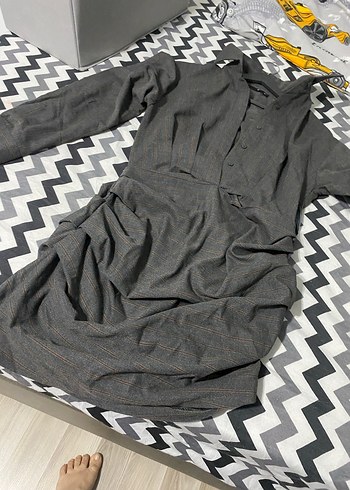 Gri Keten Uzun Kollu Düğmeli mini elbise - Görsel 2