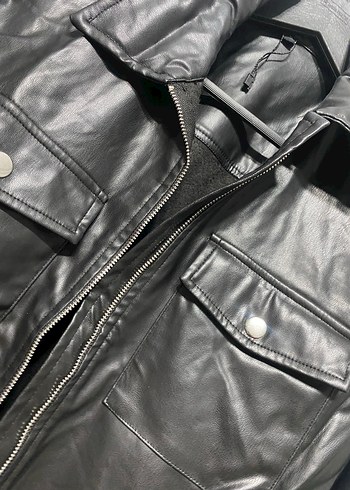 Düğmeli Siyah Deri Biker Ceket - Görsel 2