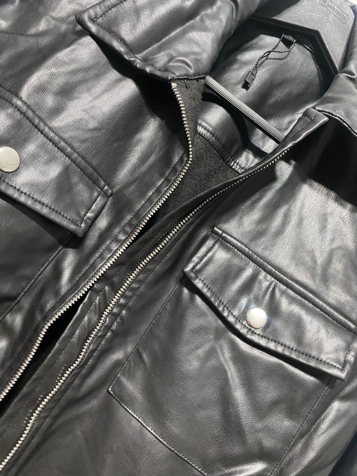 Düğmeli Siyah Deri Biker Ceket - Görsel 2