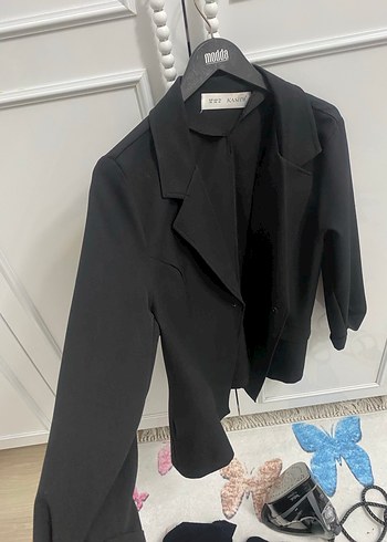 Saten Görünümlü Siyah Mini Kadın Blazer - Görsel 3