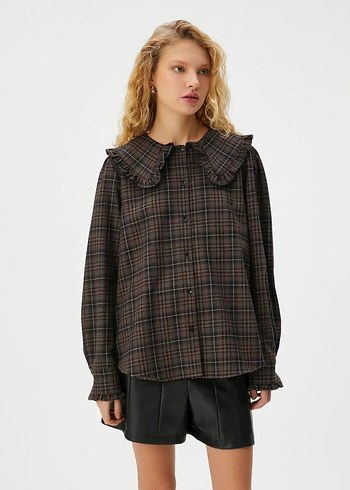 Kahve Kareli Düğmeli Kadın Gömlek - Görsel 2