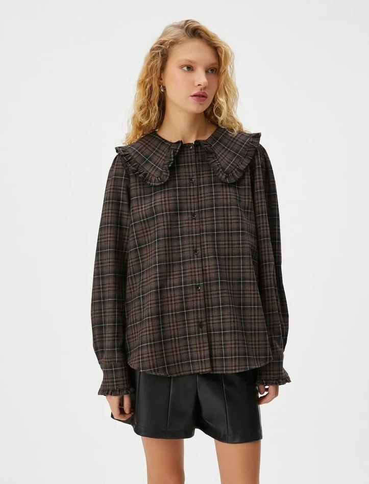 Kahve Kareli Düğmeli Kadın Gömlek - Görsel 2