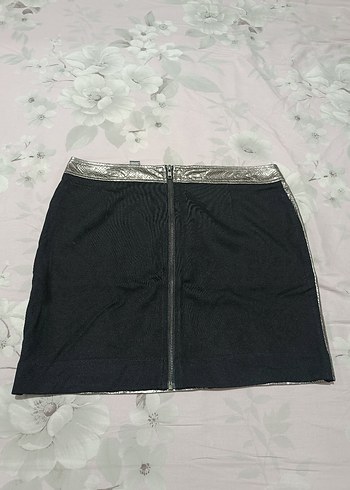 Mango Gri Deri Yılan Desenli Mini Etek - Görsel 2