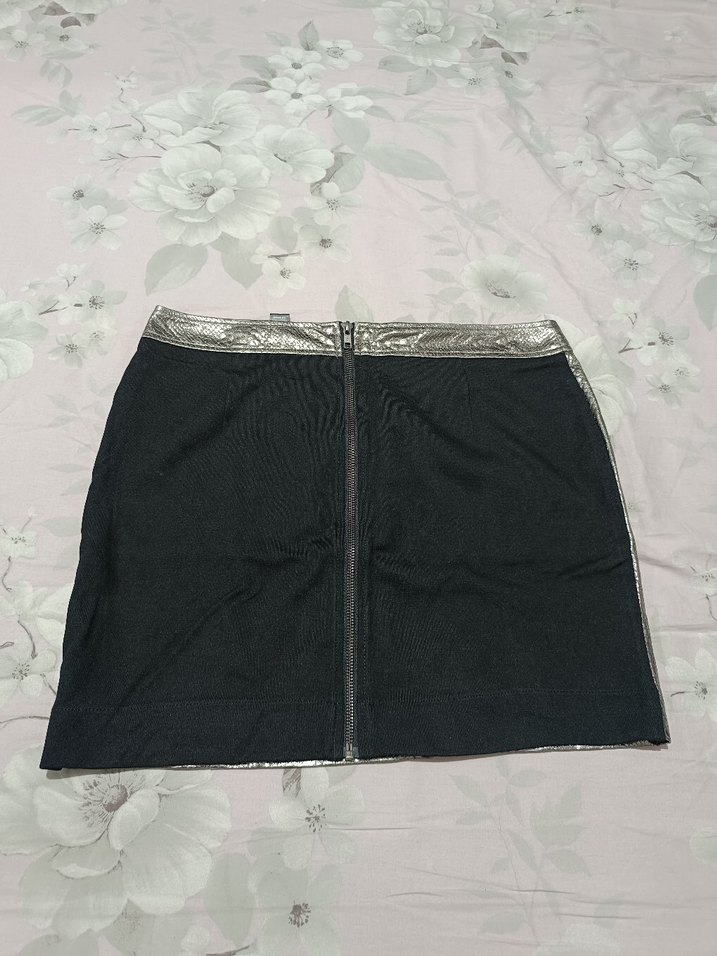 Mango Gri Deri Yılan Desenli Mini Etek - Görsel 2