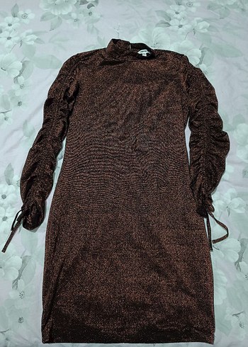 Uzun Kollu Kahverengi Drapeli Kadın Elbise - Görsel 2