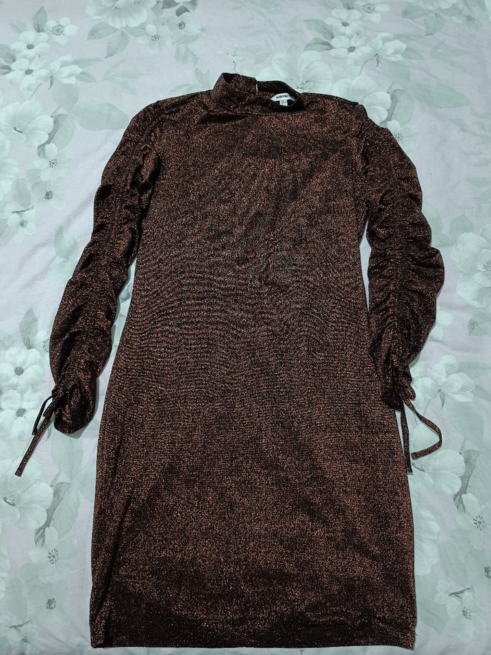 Uzun Kollu Kahverengi Drapeli Kadın Elbise - Görsel 2