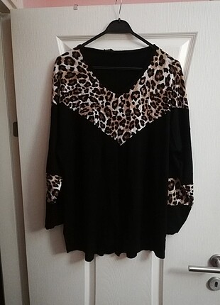 Siyah leopar desenli bluz tunik