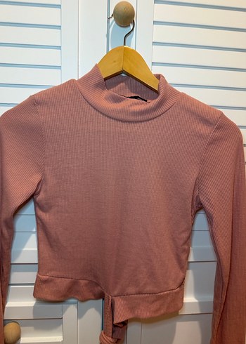 Gül kurusu Uzun Kollu, Yüksek Yakalı Kemerli Triko Kadın Kazak - Görsel 2