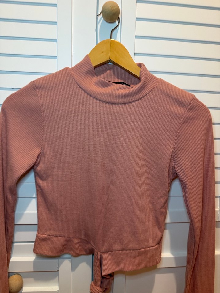 Gül kurusu Uzun Kollu, Yüksek Yakalı Kemerli Triko Kadın Kazak - Görsel 2