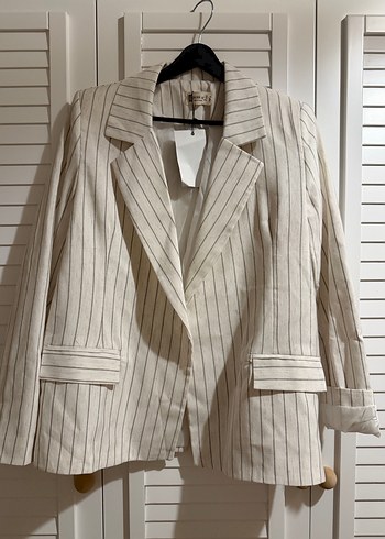 Bej Çizgili Kadın Keten Blazer Ceket - Görsel 2