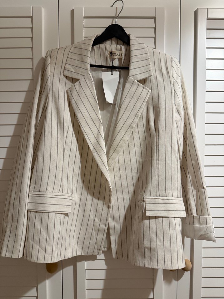 Bej Çizgili Kadın Keten Blazer Ceket - Görsel 2