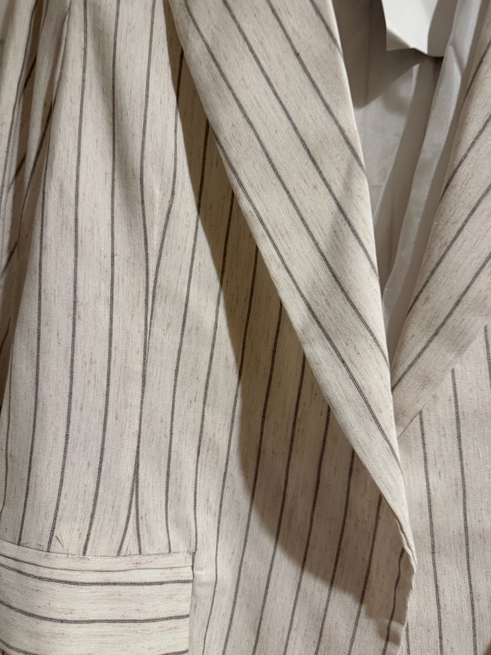 Bej Çizgili Kadın Keten Blazer Ceket - Görsel 3