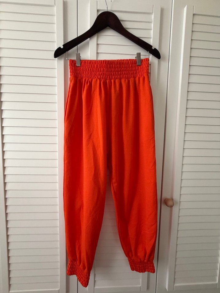 Turuncu Kadın Keten Rahat Kesim Eşofman Altı - Görsel 4