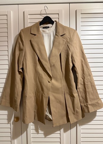 Bej Kadın Keten Düğmeli Ceket - Görsel 2