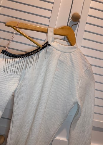 Yüksek Yakalı, Fermuarlı Beyaz Kadın Kazak - Görsel 2