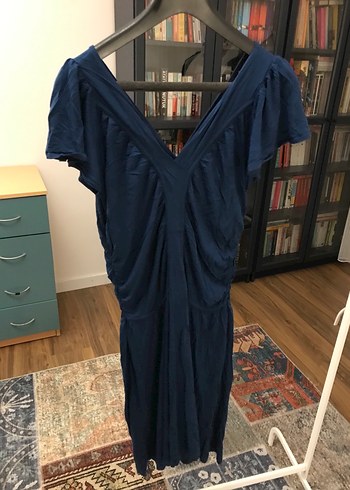 Adil ışık marka Lacivert Drapeli V Yaka Midi Elbise - Görsel 4