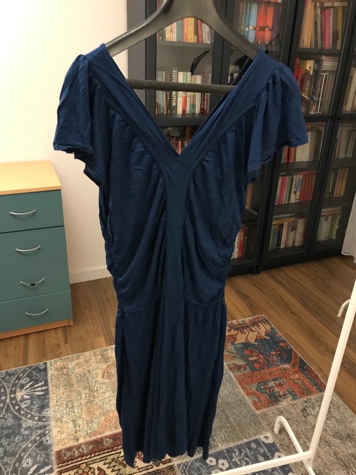 Adil ışık marka Lacivert Drapeli V Yaka Midi Elbise - Görsel 2