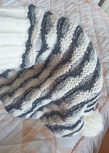 Kadın Bohem Örgü Bere Beyaz Gri - Görsel 2