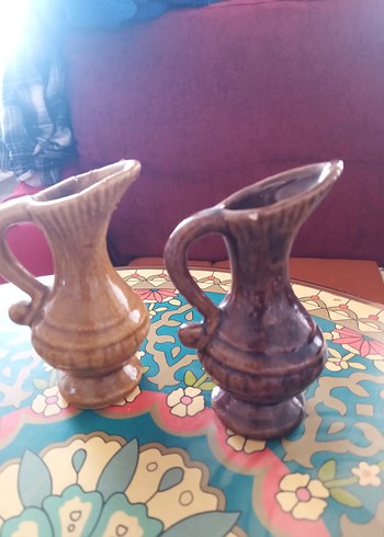 American Vintage Antika Seramik Kulplu Vazo Çifti