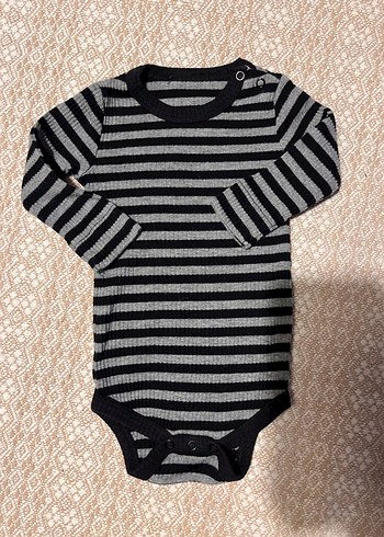 Gri Çizgili Uzun Kollu Fitilli Bebek Body - Görsel 2