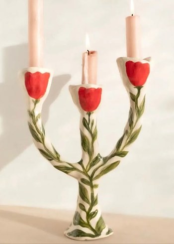 Pastel Pembe Çiçekli Seramik Şamdan - Görsel 2