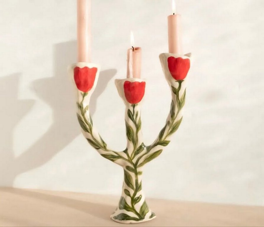 Pastel Pembe Çiçekli Seramik Şamdan - Görsel 2