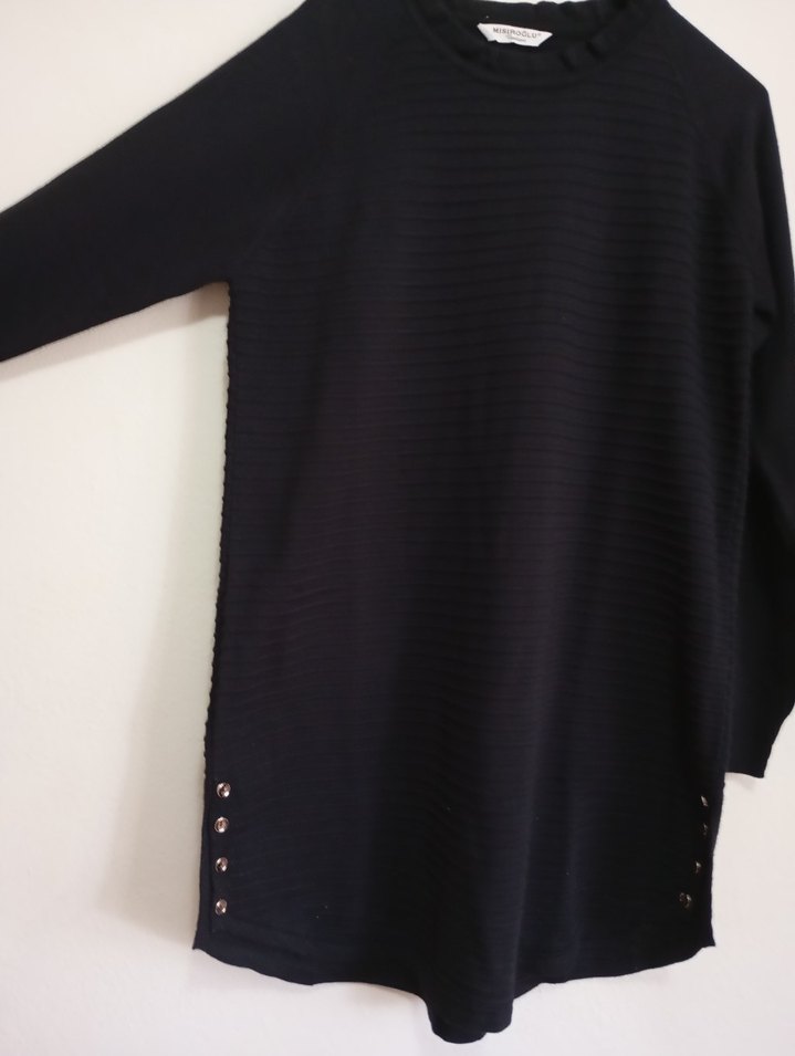 Düğmeli Siyah Kadın Tunik, Uzun Kollu, Salaş - Görsel 3