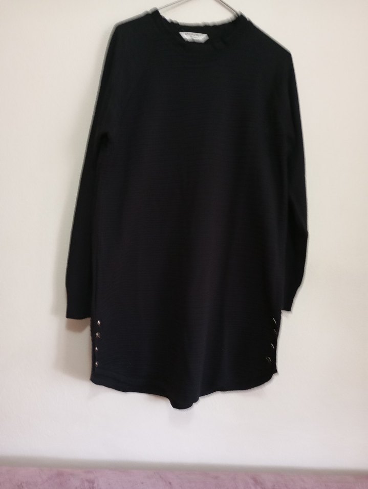 Düğmeli Siyah Kadın Tunik, Uzun Kollu, Salaş - Görsel 4