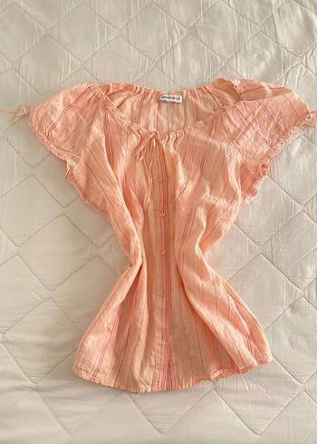 Pembe Bohem Keten Bluz, Fırfırlı, Kısa Kollu