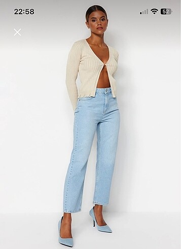 36 Beden Açık mavi yüksek bel straight jean