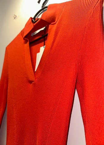 Nar Çiçeği V Yaka Uzun Kollu Triko Elbise - Görsel 5