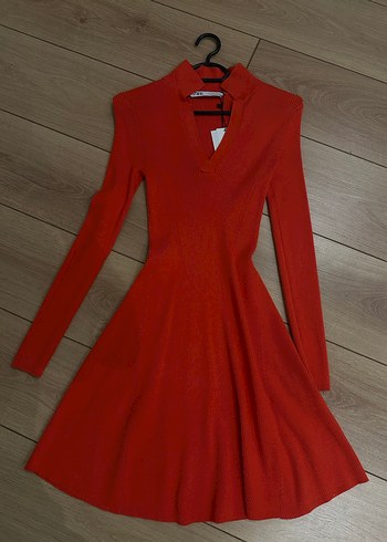 Nar Çiçeği V Yaka Uzun Kollu Triko Elbise - Görsel 2