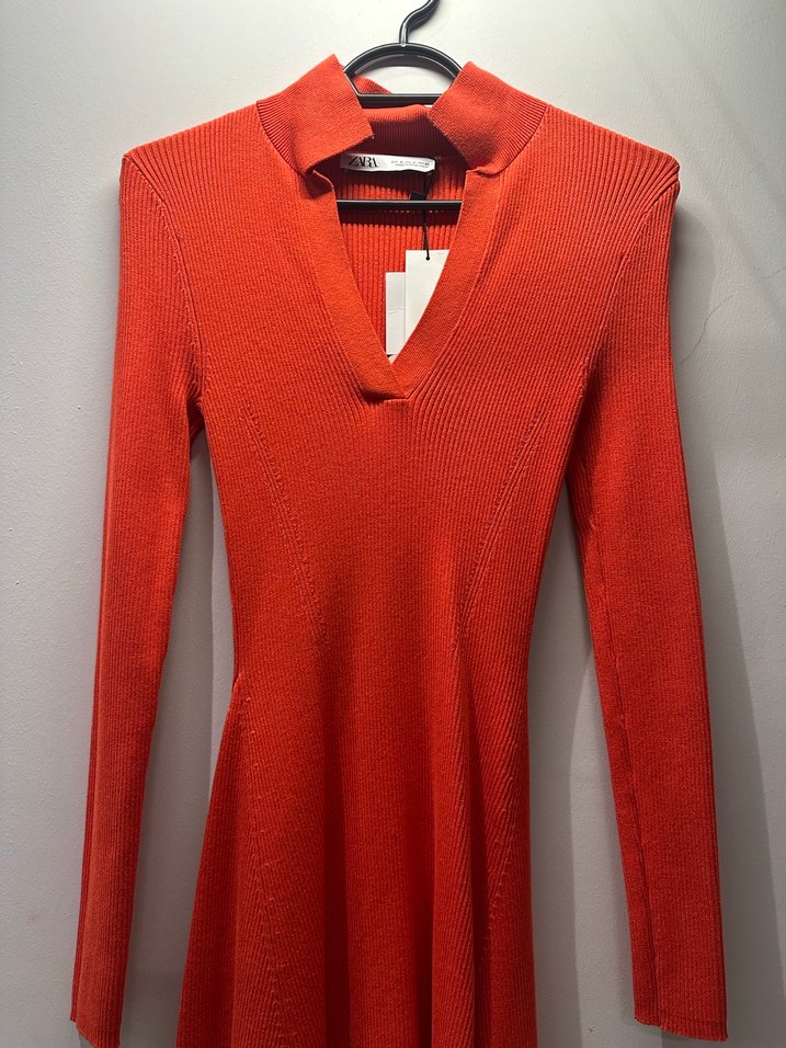 Nar Çiçeği V Yaka Uzun Kollu Triko Elbise - Görsel 4