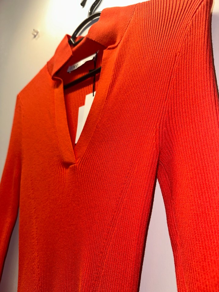 Nar Çiçeği V Yaka Uzun Kollu Triko Elbise - Görsel 5