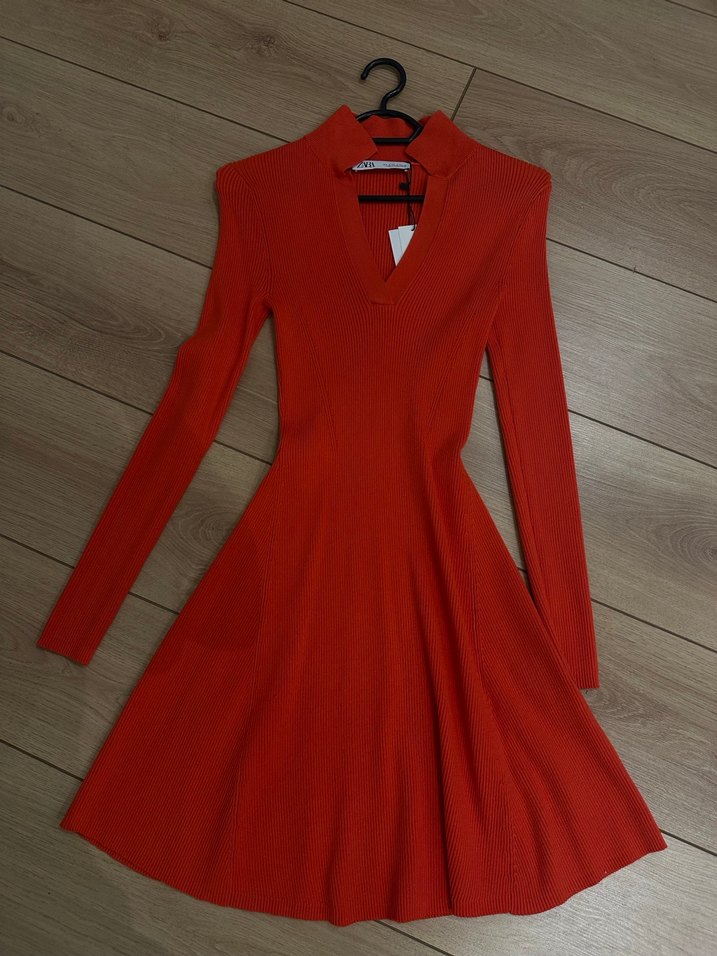 Nar Çiçeği V Yaka Uzun Kollu Triko Elbise - Görsel 2