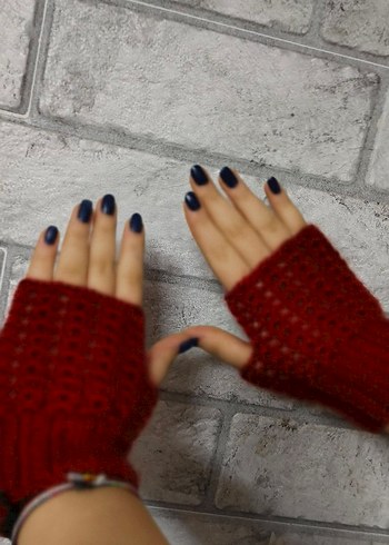 Koyu Kırmızı Örgü Bohem Parmaksız Eldiven - Görsel 4