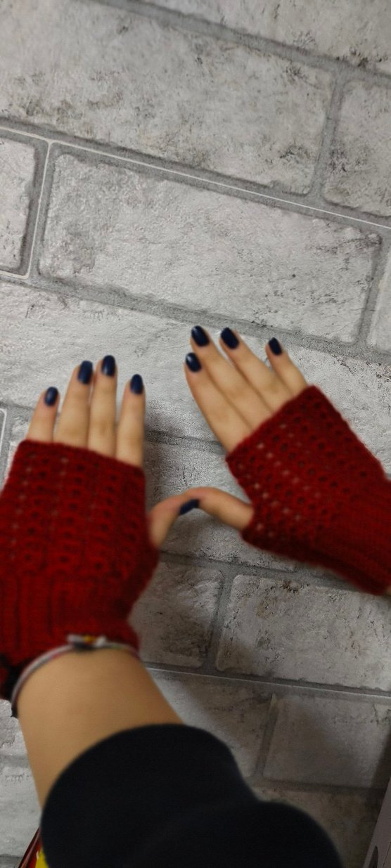 Koyu Kırmızı Örgü Bohem Parmaksız Eldiven - Görsel 4