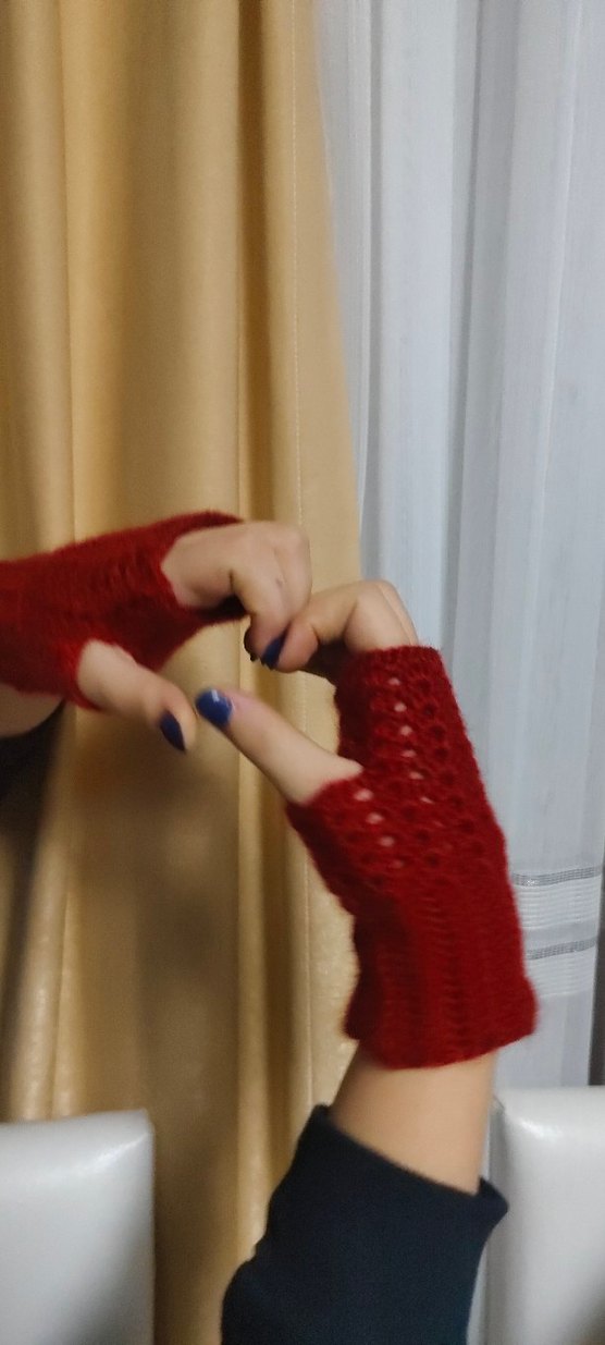 Koyu Kırmızı Örgü Bohem Parmaksız Eldiven - Görsel 3