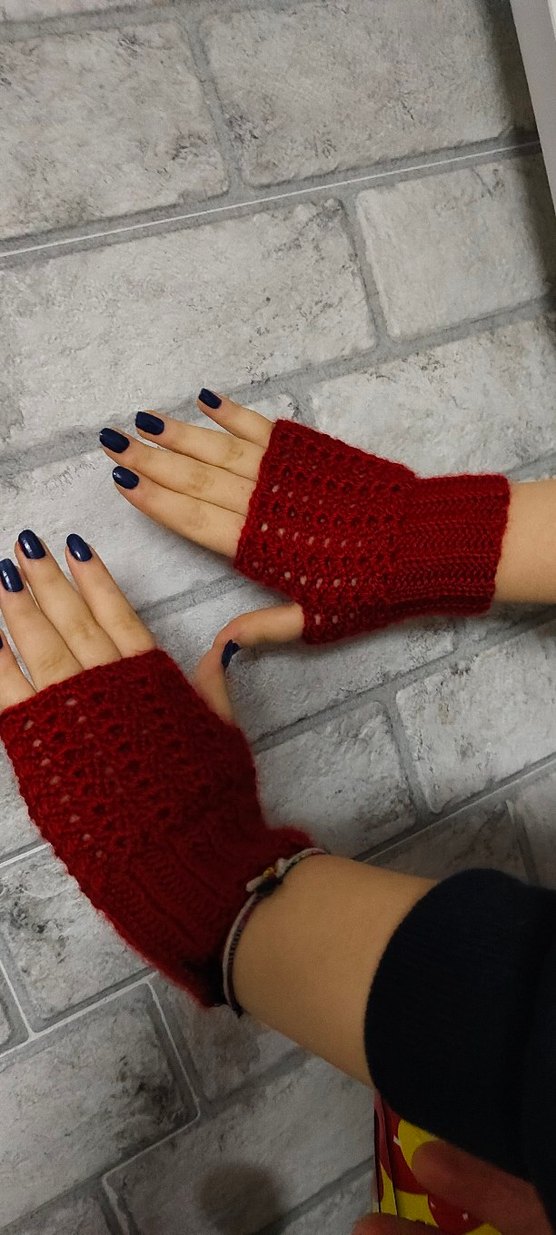 Koyu Kırmızı Örgü Bohem Parmaksız Eldiven - Görsel 2