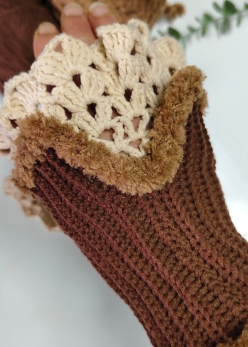 Bohem Tarz Kahverengi Örgü Kadın Eldiven - Görsel 3