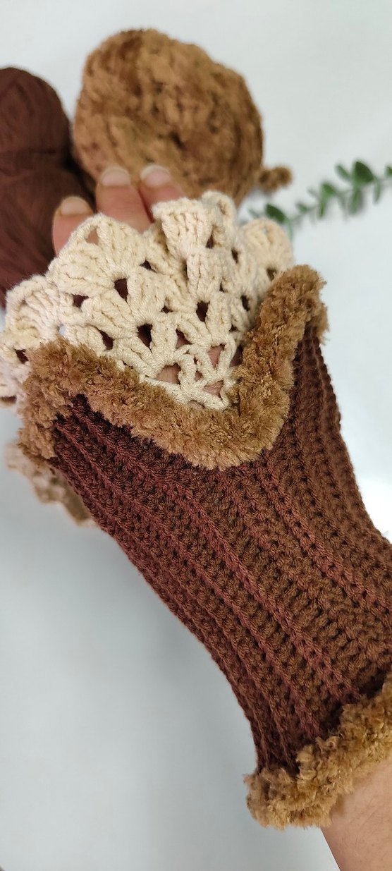 Bohem Tarz Kahverengi Örgü Kadın Eldiven - Görsel 3