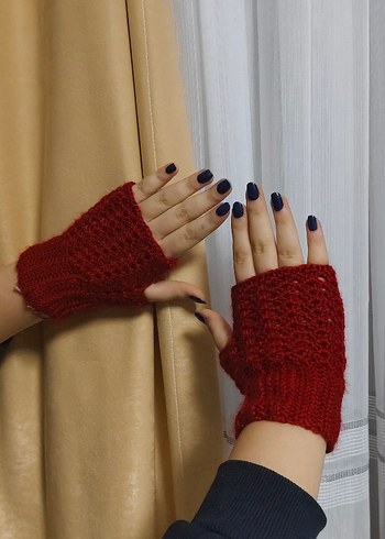 Kadın Kırmızı Örgü Parmaksız Eldiven - Görsel 10